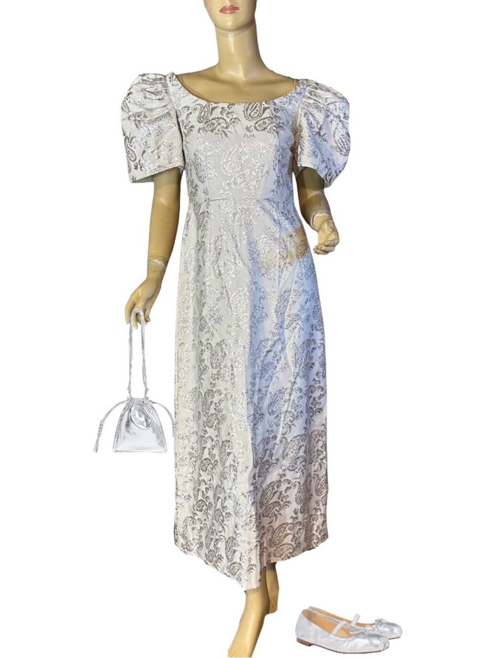 VINTAGE CIRCA 1970'S SILVER DAMASK EDWARDIAN REVIVAL PUFFED SLEEVE MAXI DRESS (M